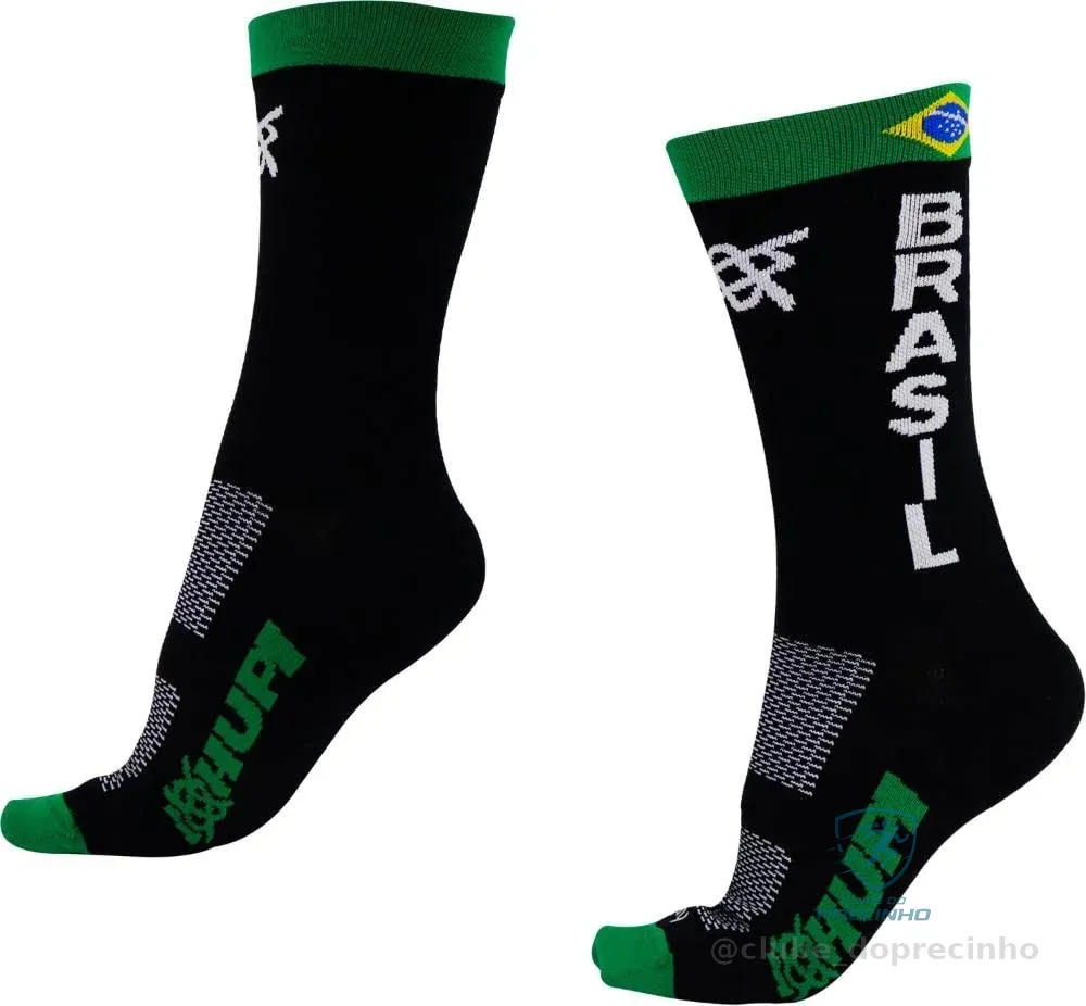 Meia Corrida Ciclismo Hupi Brasil Flag Cano Médio Tam 36-42, Cor: Preto