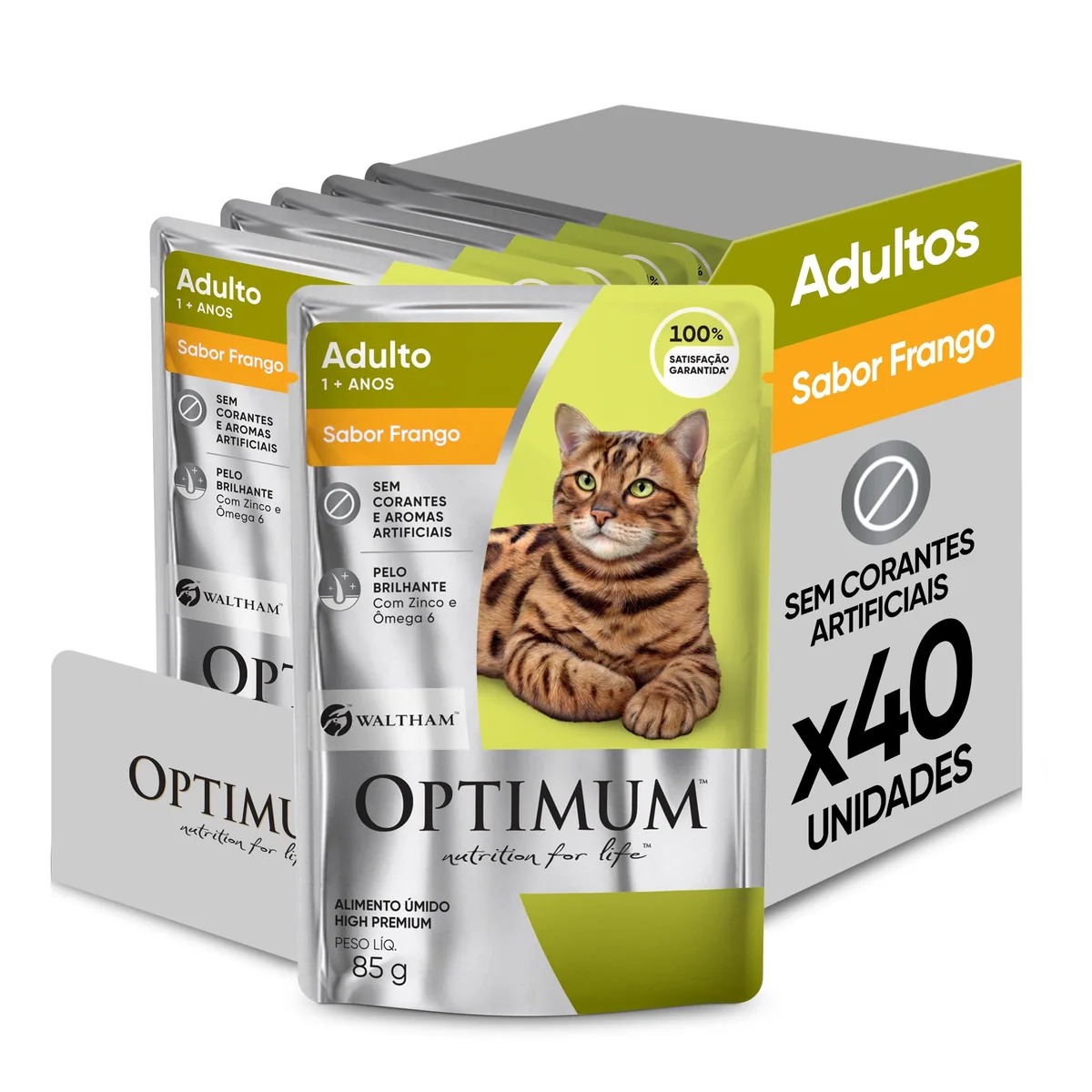 Pack Ração Úmida Optimum Sachê para Gatos Adultos Frango 85 g - 40 unidadaes