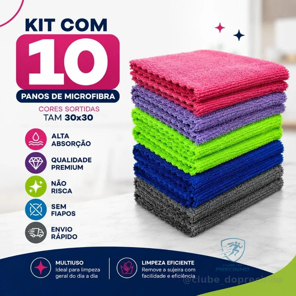 Kit 10 Panos Microfibra Alta Absorção Multiuso Não Risca Sem Fiapos Limpeza Casa Carro PM001-A Shopee