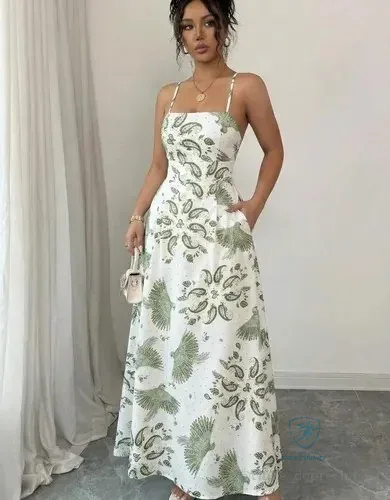 Vestido Feminino Longo Alça Fina Estampado Detalhe Bolsos Branco/verde Único