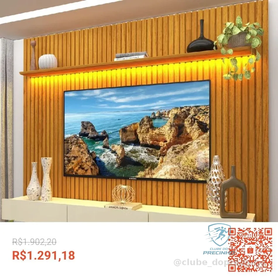 Rack Painel Ripado para TV até 90 Polegadas com LED 100% MDF 228,8cmx250cm 3 Gavetas Marrom Naturale/Off White
