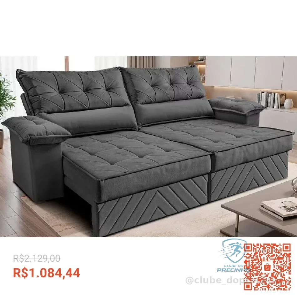 Sofá Retrátil e Reclinável 2,40m com Molas e Espuma D33 Thunder Velusoft Cinza Cama inBox
