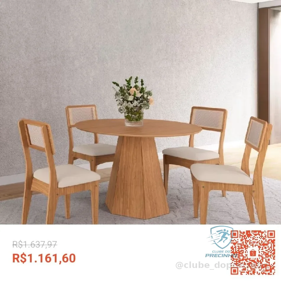 Conjunto Sala de Jantar Mesa Lisboa Hexagonal com 4 Cadeiras Palha Sintética 100% MDF