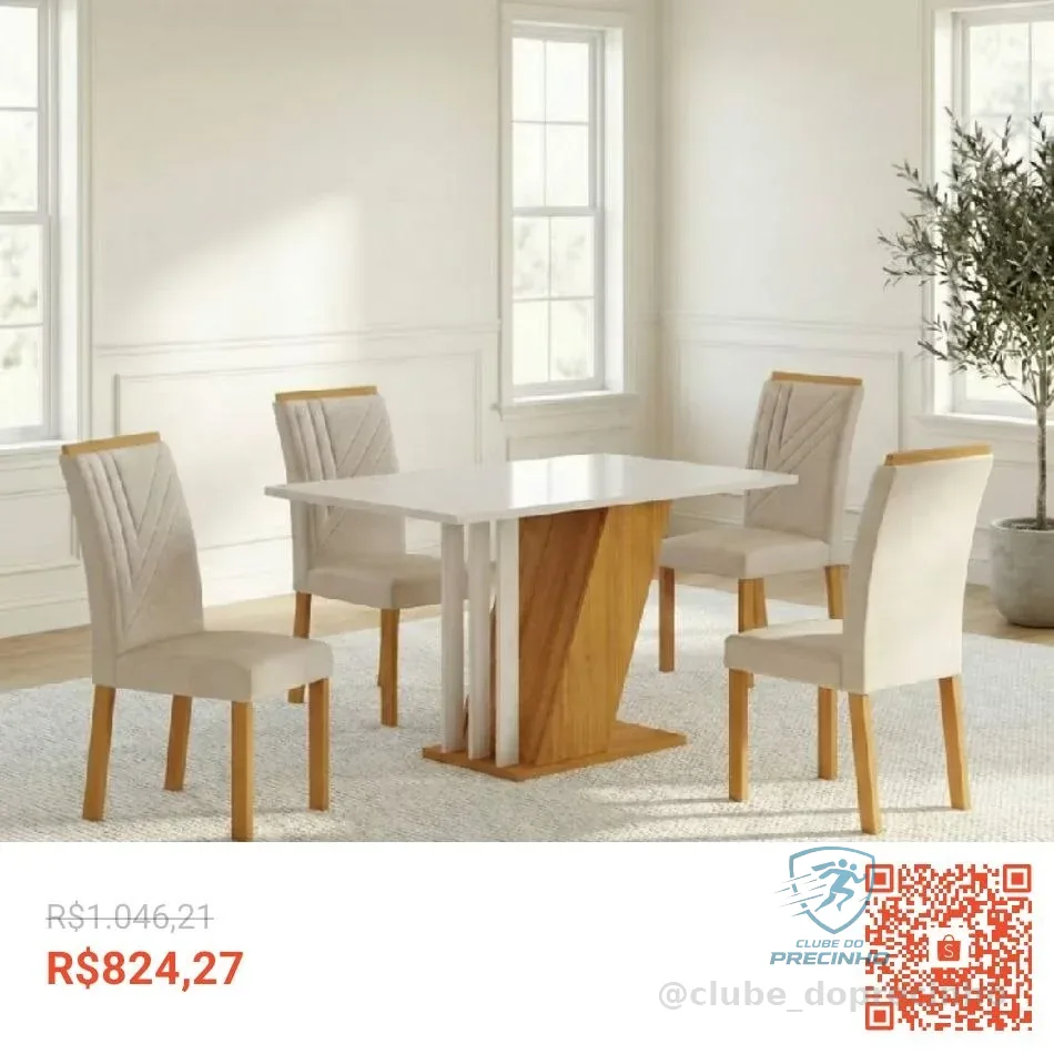 Conjunto Sala de Jantar com 4 Cadeiras Miami Yescasa Freijo/OffWhite/Palha