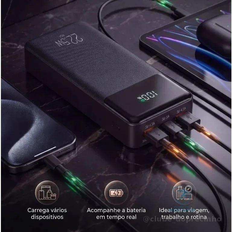 Power Bank Carregador Portátil Pro 20000mAH ELG PB200BK, Bateria Portátil Universal, Carga Rápida, Display Indicador