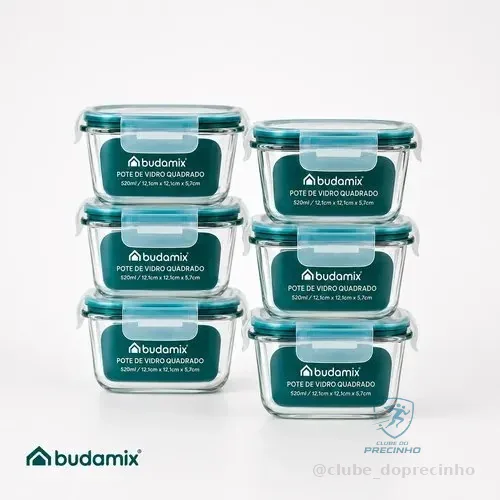 Kit 10 Potes Herméticos 520ml Refratário 4 Travas Budamix Azul-petróleo 6 Unidades