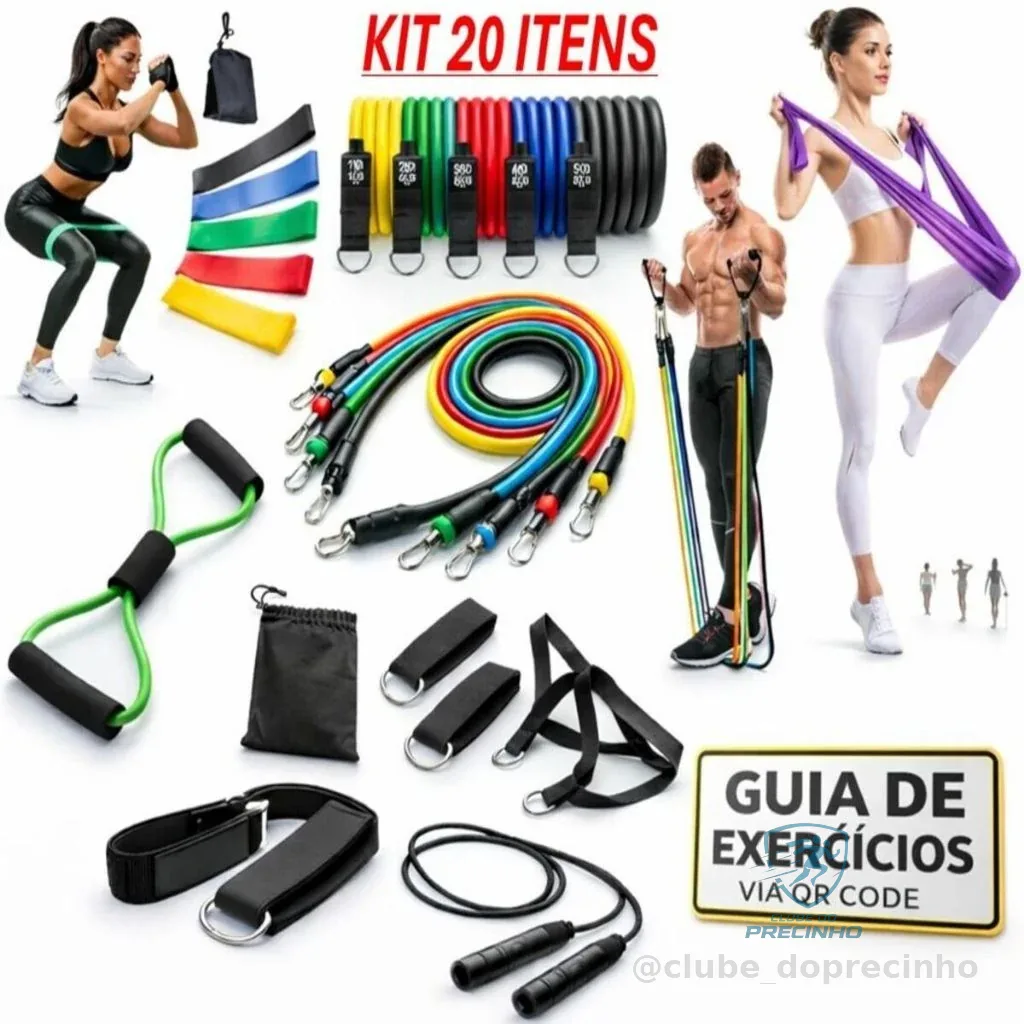Kit 20 Itens Treino em Casa: Elásticos Extensor + Mini Band + Thera Band + Corda De Pular + Guia de Exercícios Exclusivo Shopee