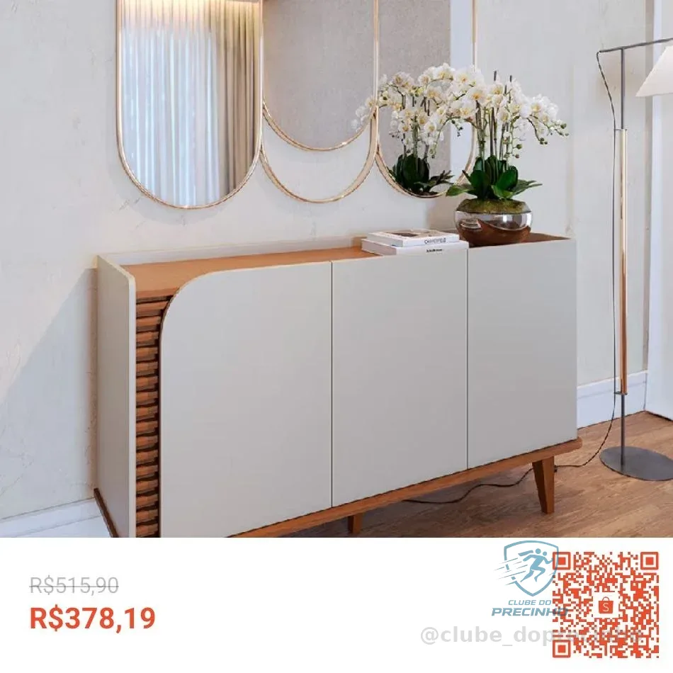 Aparador Buffet Para Sala de Jantar 3 Portas Elora C04 Off White Matte Freijó - Lyam Decor