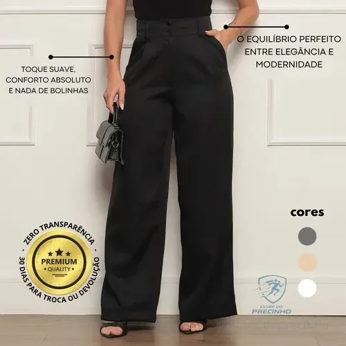 Calça Alfaiataria Feminina Wide Leg Social Cintura Alta
