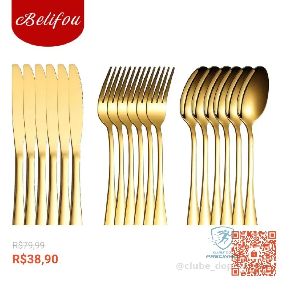 Belifou Kit 18 Jogo De Talheres Para Bife Aço Inoxidável Dourados Fork Spoon Knife Table Spoon