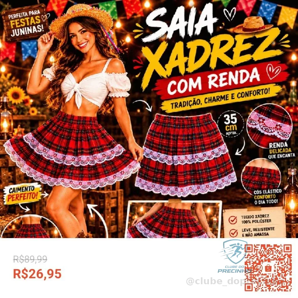 Saia Festa Junina Feminina Xadrez Fantasia Caipira Quadrilha São João