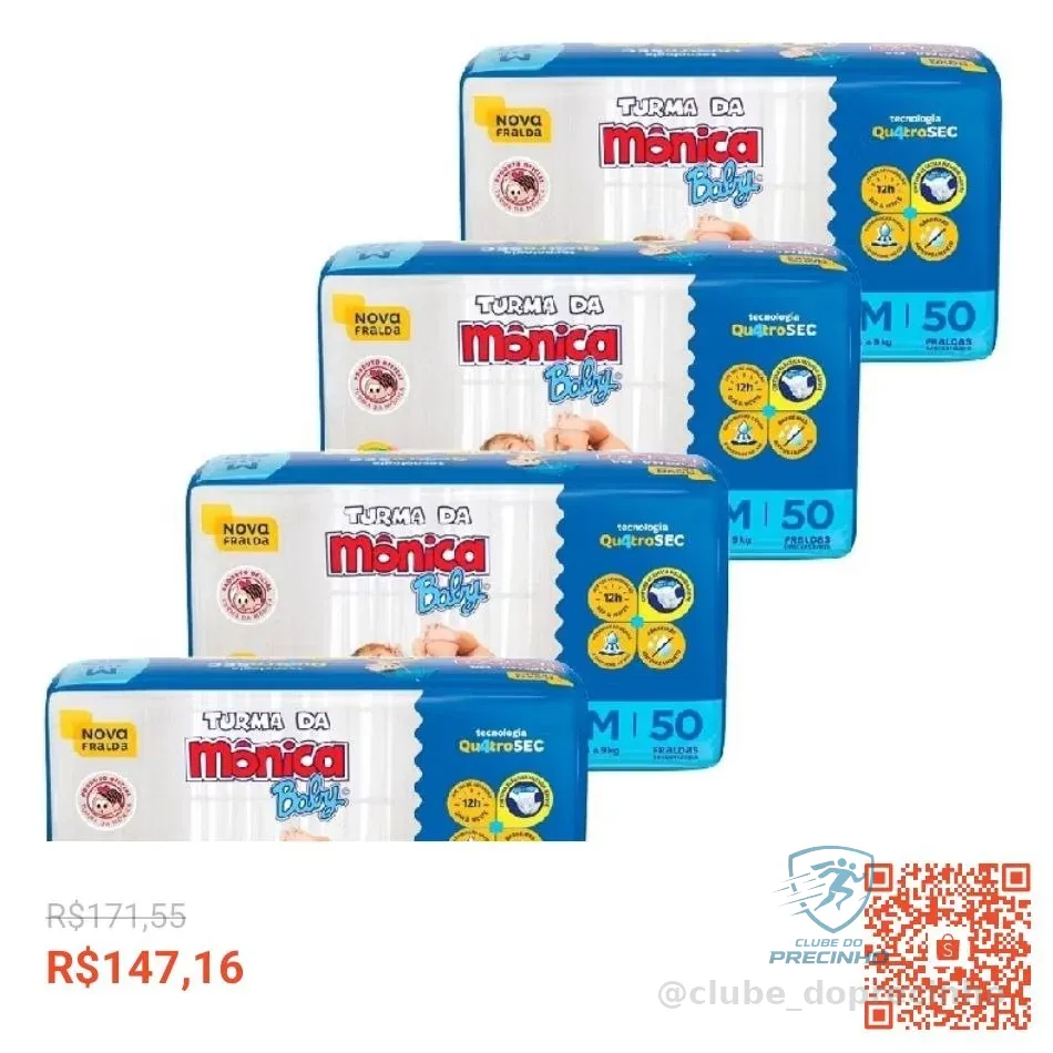 Fralda Descartável Turma da Mônica Tamanho M - 4 Pacotes com 50 Fraldas - Total 200 Tiras