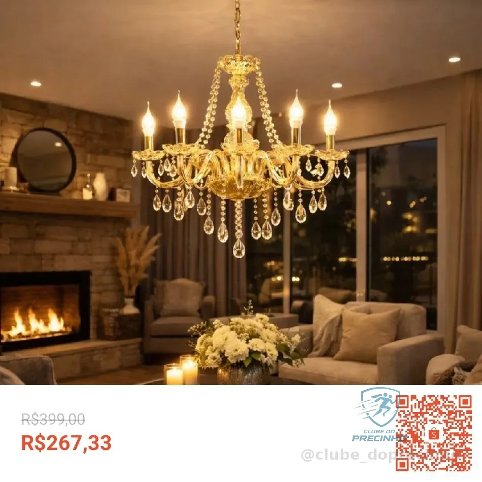 Lustre De Cristal Luminária Luxuoso Ambar Com 06 Braços