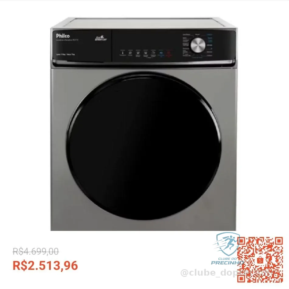 Lava e Seca Philco 16 Programas Eco Inverter 11kg Titânio PLS11C