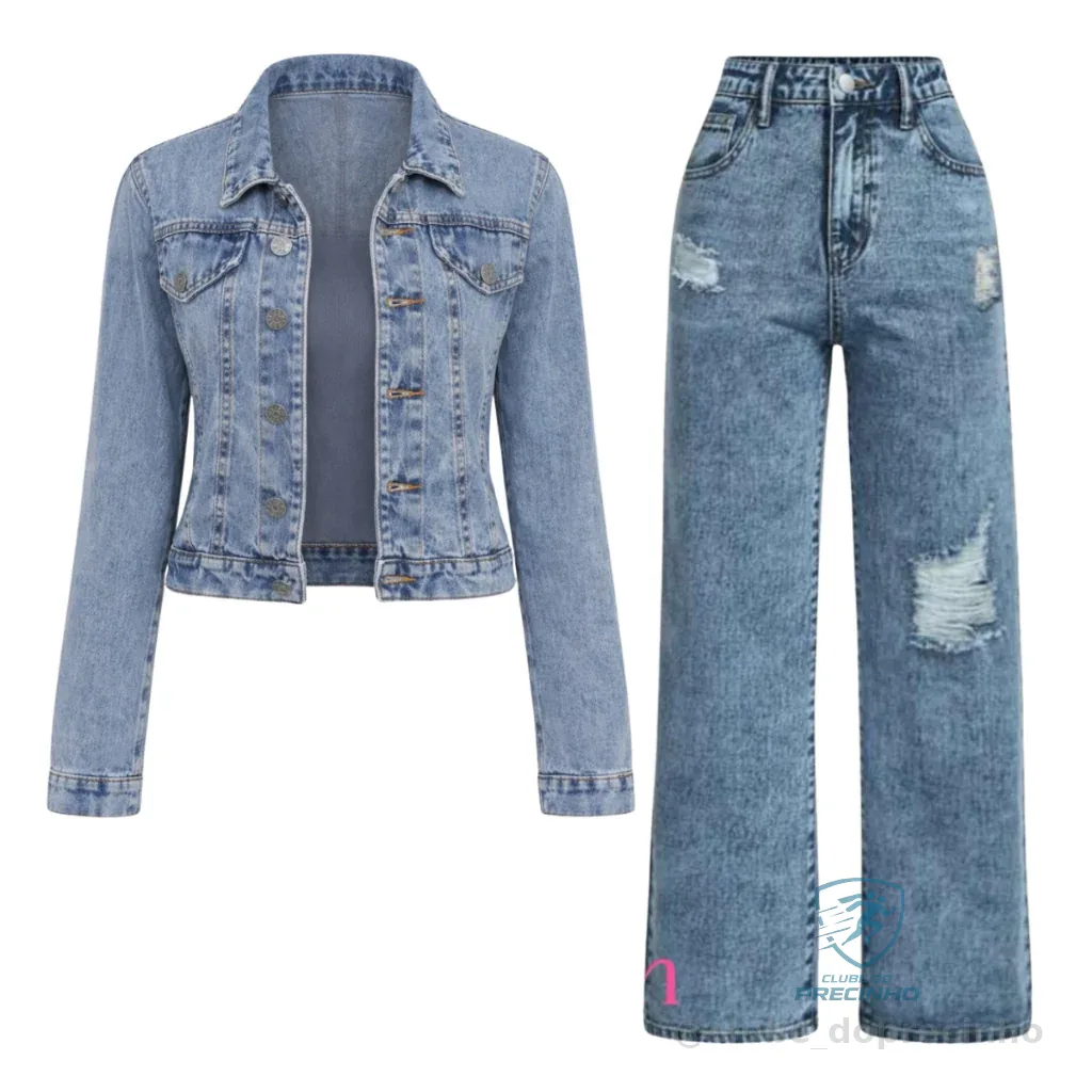 Kit jaqueta jeans + Calça wide leg  infantil Blusa de frio juvenil do 10 aos 16 anos Shopee