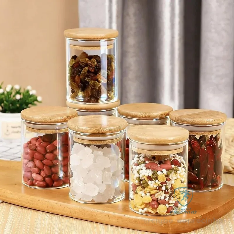 Potes Herméticos de Vidro com Tampa de Bambu - Kit 6 Unidades 200ml para Temperos, Grãos, Café e Organização de Cozinha
