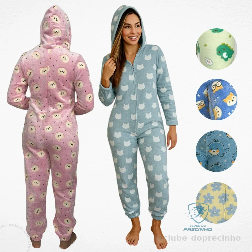 Macacão Pijama Adulto Com Capuz Peluciado Inverno Flanelado Manga Longa Quentinho Shopee