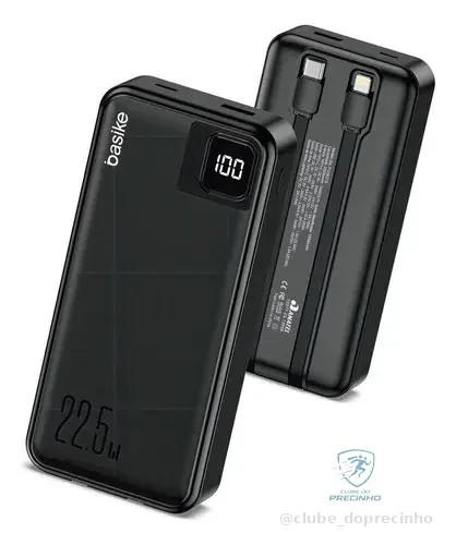 Power Bank Basike 20000mah Preto, Carga Rápida 22.5w Para iPhone E Samsung, Com Cabos Embutidos E Display