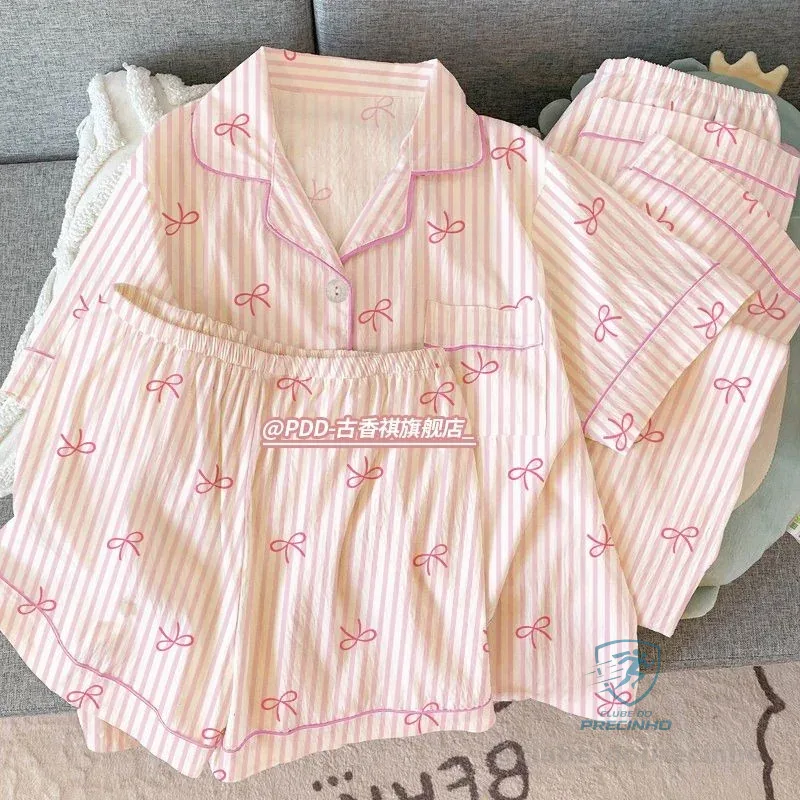 Conjunto De Três Peças De Verão : Pijama Fino Em Nuvem Para Mulheres , Lindo E Doce , Nó De Borboleta , Roupa De Casa Shopee
