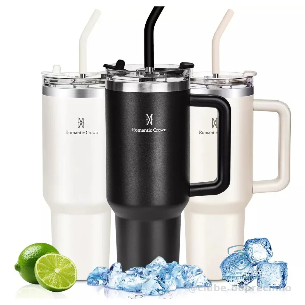 ROMANTIC CROWN Copo Térmico Inox 600ml/1.2L com Tampa Hermética e Canudo Anti Vazamento de Aço Inoxidável