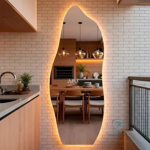 Espelho Orgânico Com Led 170x70 Cm Ideal Para Quarto, Banheiro, Escritório, Hall E Sala - Modelo Flame Com Iluminação Led Quente, Perfeito Para Ambientes Com Decoração Moderna Flame Led Quente