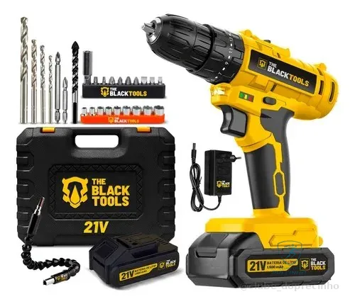 Parafusadeira Furadeira De Impacto A Bateria 21v 3/8 Bivolt 1400 Rpm Com Acessórios E Maleta Tb-21pzw The Black Tools Amarelo 127/220v 60 Hz