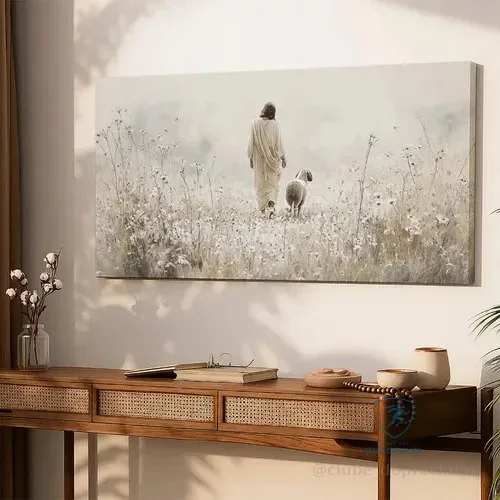 Quadro Decorativo Jesus E Ovelha Fé 130x70 Grande Religioso Palha Canvas