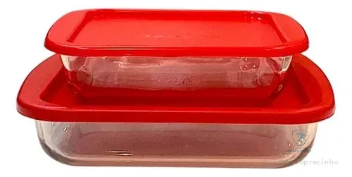 Kit 2 Assadeira Refratário Lasanheira Vidro Marinex C/ Tampa Vermelho
