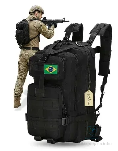 Mochila Militar Bolsa Tática Resistente 30 Litros Super Reforçada Impermeável Bandeira Brasil Brinde Utilizzei Preto Lisa
