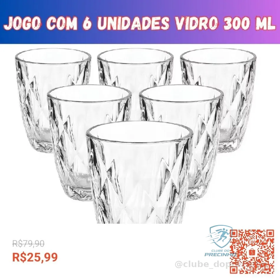 Jogo 6 Copos Baixos Diamond 300ml Vidro Grosso Diamante Luxo