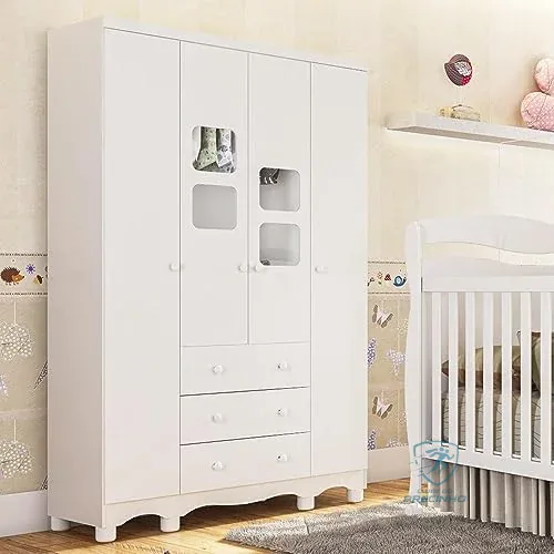 Guarda Roupa de Bebê 4 Portas 3 Gavetas Uli Móveis Peroba Branco Brilho