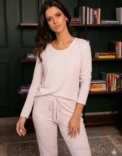 Pijama Feminino Inverno Canelado Manga Longa Calça Jupiter Rosa Poá Rosa G