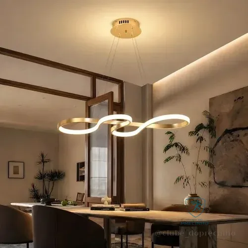 Lustre Pendente Led Moderno Dourado Ondulado, Luminaria Led Decorativa Para Sala E Quarto, Design Sofisticado, Iluminação Elegante, Lustre Sala, Luminarias Modernas, Tieesa D001 Dourado 127/220v