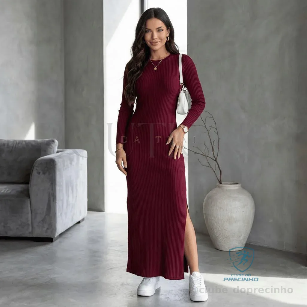 Vestido Feminino Longo Canelado Manga Longa com Fenda Lateral Shopee