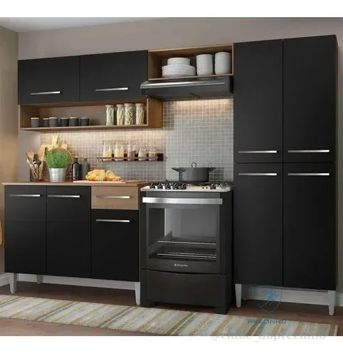 Armário De Cozinha Modulada Completa Compacta Emilly Pop Com Armário E Balcão Cor Rustic/preto Grem229002 Rústico/preto