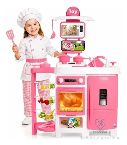 Cozinha Infantil Grande Completa Sai Agua De Verdade 92cm Com Fruteira Geladeira E Acessorios Rosa