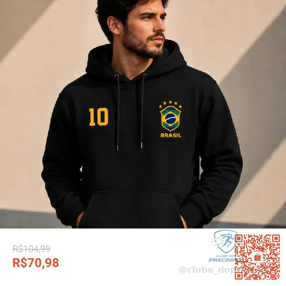 Moletom Streetwear Masculino Feminino Brasil 10 Casaco Seleção Estampado Copa 2026 Blusa de Inverno