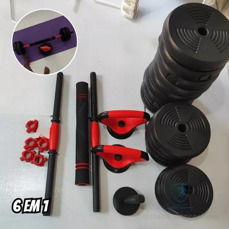 Kit Haltere 6 em 1 Ajustável para Musculação - 15kg Preto - Multifuncional com Barra e Kettlebell