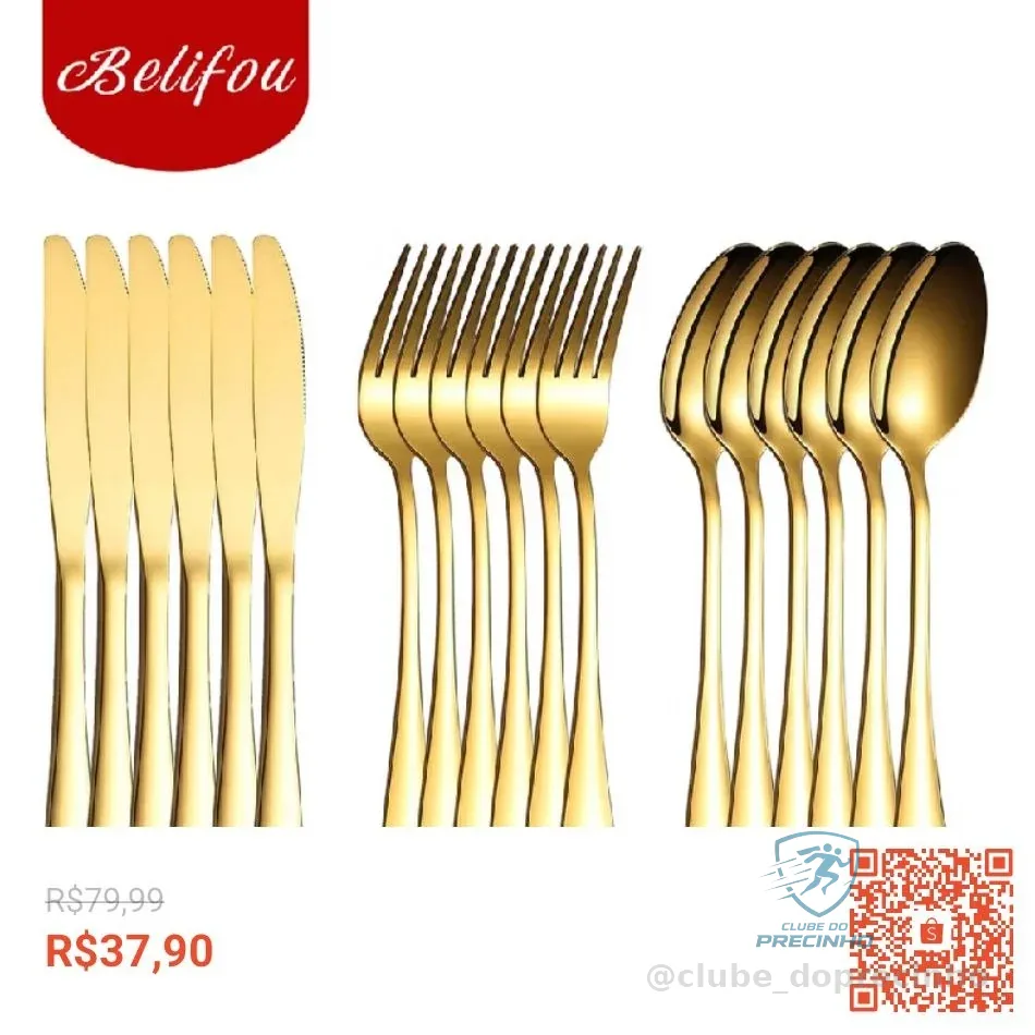Belifou Kit 18 Jogo De Talheres Para Bife Aço Inoxidável Dourados Fork Spoon Knife Table Spoon