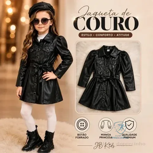 Sobretudo Infantil Juvenil Couro Vestido Couro 6 Ao 14 Preto 12 Lisa