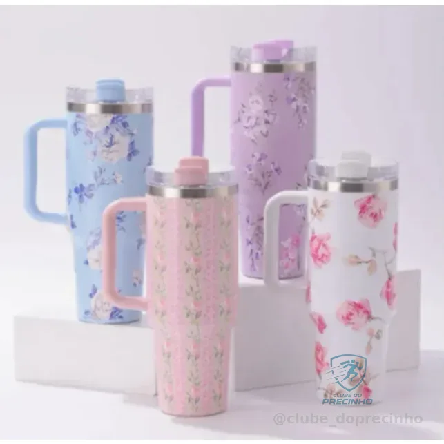 Garrafa 1200ml Térmica Estampa Floral Capinha Silicone Na Base + Tampa Para Canudo Shopee
