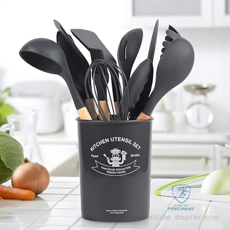 Kit 12 Utensílios De Cozinha Em Silicone E Cabo De Madeira Jogo De Utensílios Resistente ao Calor Antiaderente Premium GAXMARK