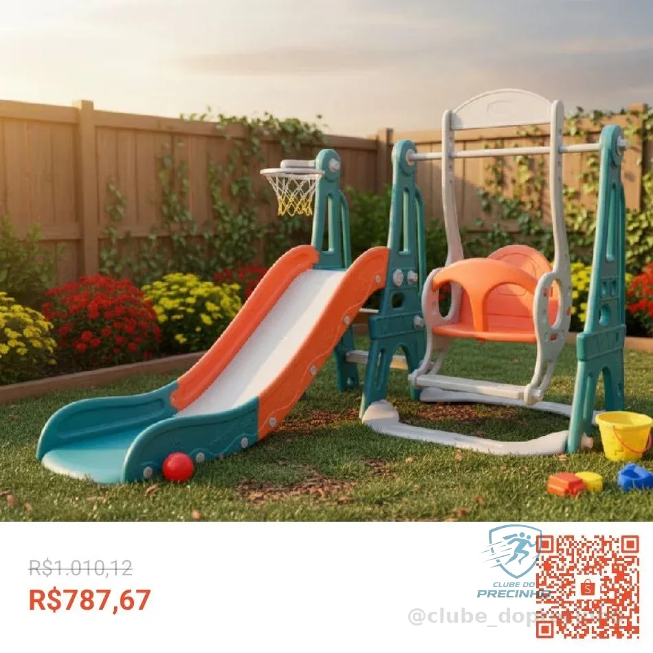Playground Infantil 3x1 Com Escorregador, Balanço E Cesta De Basquete Ideal Para Crianças A Partir De 3 Anos