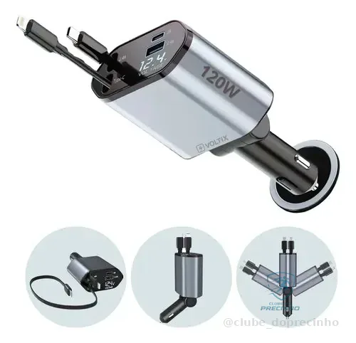 Carregador Para Carro Veicular 4 Em 1 120w Tipo C Lightning Prateado