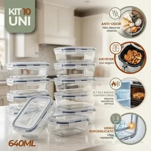 Kit 10 Pote De Vidro Marmita Hermético 640ml Freezer Fitness Rishon Azul-escuro