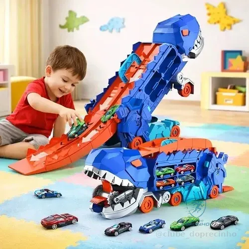 Brinquedo Caminhão Dinossauro Cegonha Devorador Transporte Pista Carrinhos Dino Infantil Veículo Lançador Maleta... Azul
