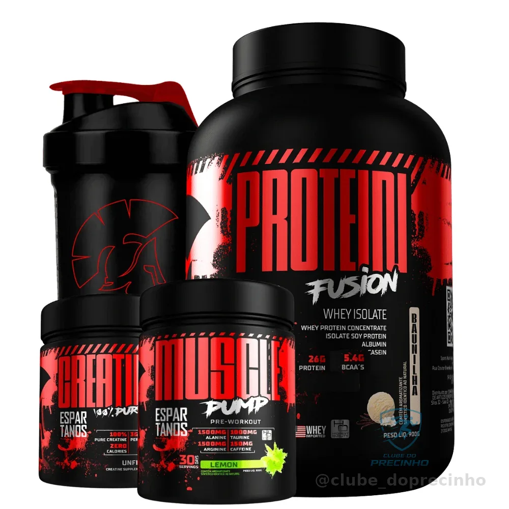 Kit Whey Protein Isolado Fusion + Pré Treino Muscle Pump + Creatina Pura + Shaker - Fitness Massa Shopee
