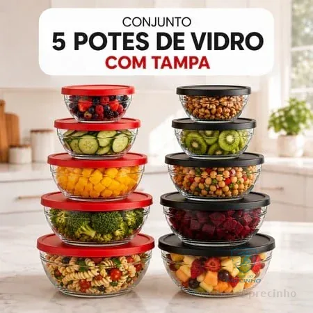 Conjunto 5 Potes Mantimentos de Vidro Com Tampa Vasilha Bowl Tigela Geladeira