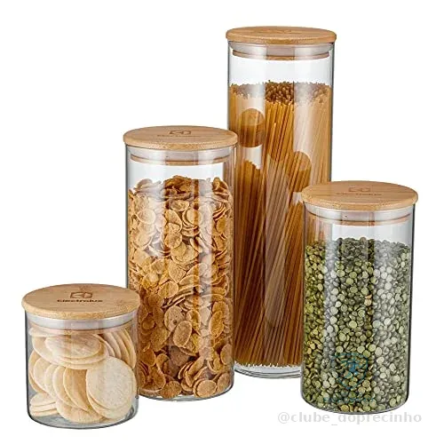 Electrolux Kit 4 Potes de Vidro Herméticos Porta-Mantimentos com Tampa de Bambu, Tampa Vedação de Silicone, Organizadores de Cozinha e Despensa, Transparente, Porta Alimentos, Grãos e Cereais