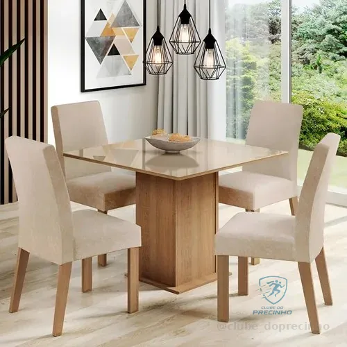 Sala Jantar Madesa Evelin Mesa Tampo Vidro Com 4 Cadeiras Cor Rustic/crema/imperial Desenho Do Tecido Das Cadeiras Liso